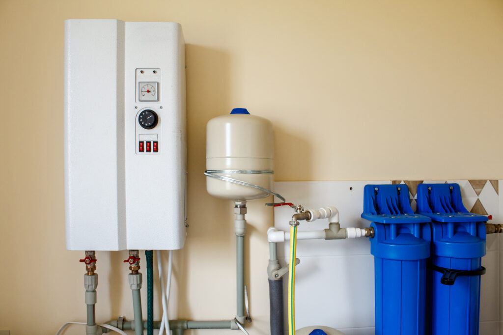 A tankless water heater on a wall